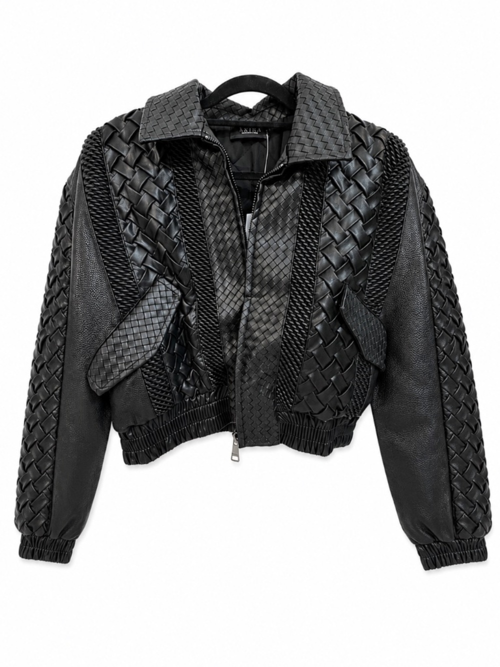AKIRA Black Faux Leather Woven Cropped Bomber Jacket NWT
